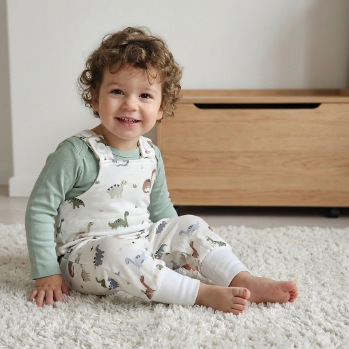 Állítható méretű dínós kantáros gyerek nadrág